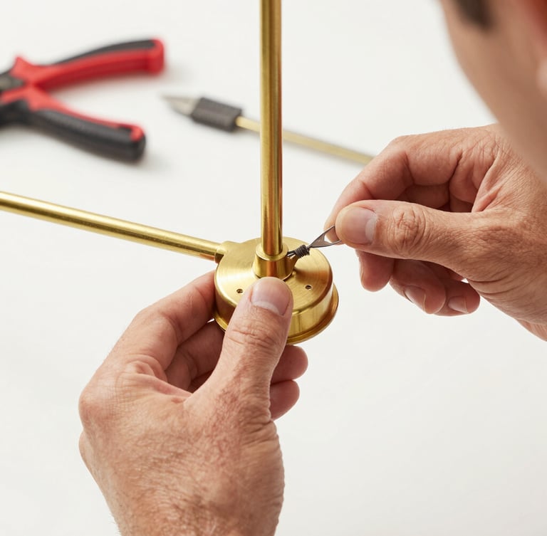 Tight macro shot of a handyman's hands precisely wiring a modern brass light fixture, bright natural daylight, clean tools visible in the background.
