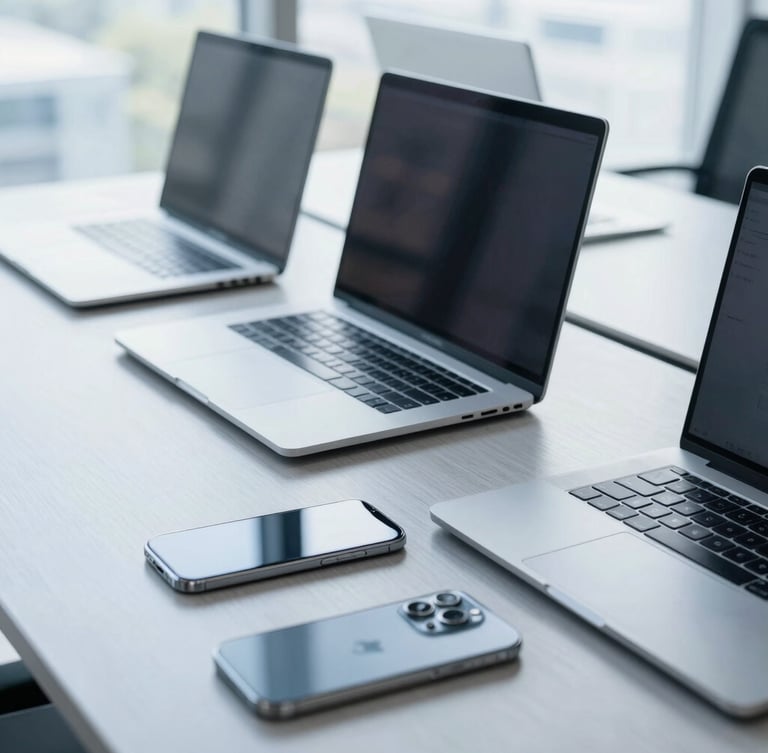Clean array of modern corporate laptops and smartphones arranged neatly on a sleek slate desk, bright natural office lighting, cool blue tones, professional depth of field
