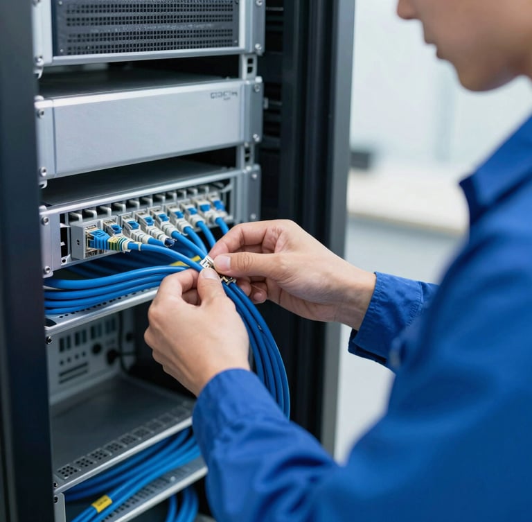 Close-up of a professional technician in a blue uniform meticulously organizing and tying a bundle of blue Cat6 network cables inside a clean server rack, bright office environment
