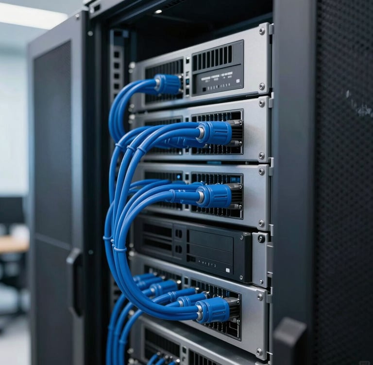 Close-up of a clean corporate server rack with organized blue cables, bright professional office lighting, sharp focus, professional depth of field