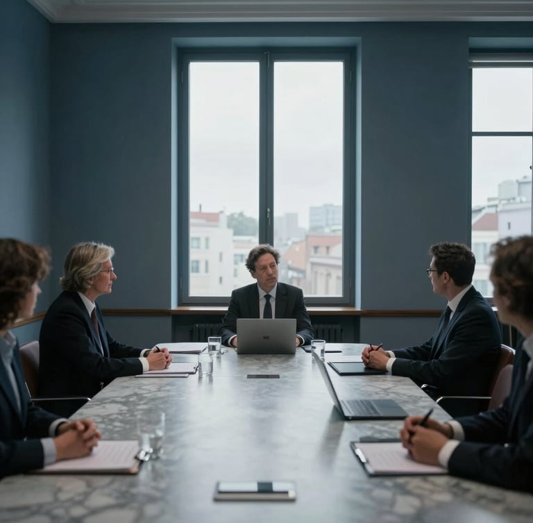 An executive meeting captured from a respectful distance inside a quiet European boardroom, low-contrast diffused overcast daylight, marble tables, muted tones