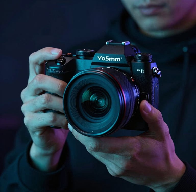 Sleek close-up of a digital creator holding a high-end camera, moody dark-mode ambient lighting with electric teal accents, sharp focus, 35mm