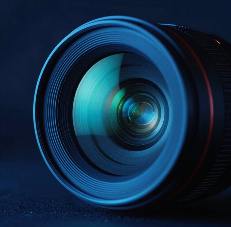 Macro close-up of a high-end camera lens reflecting vibrant neon cyan and deep blue studio lights, dark atmospheric background, shallow depth of field, 35mm