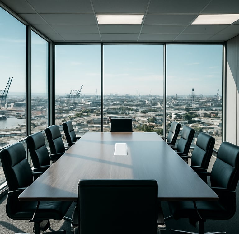 Modern corporate boardroom in Central America, glass walls overlooking a clean industrial port city, sharp daylight, professional atmosphere