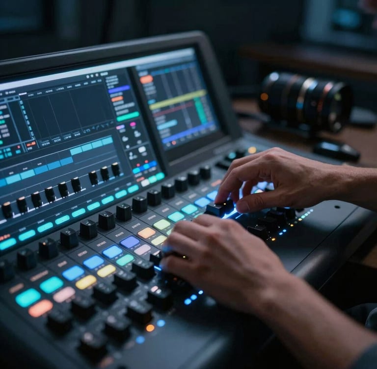 Hands of a video editor adjusting a color-grading console, ambient screen glow reflecting cool blue light, moody cinematic studio setting, 35mm lens