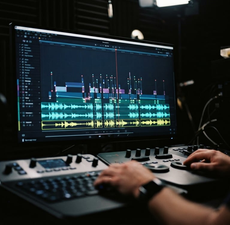 Close-up of a professional video editing timeline with neon-accented audio waves and video tracks glowing in a dark studio, 35mm lens