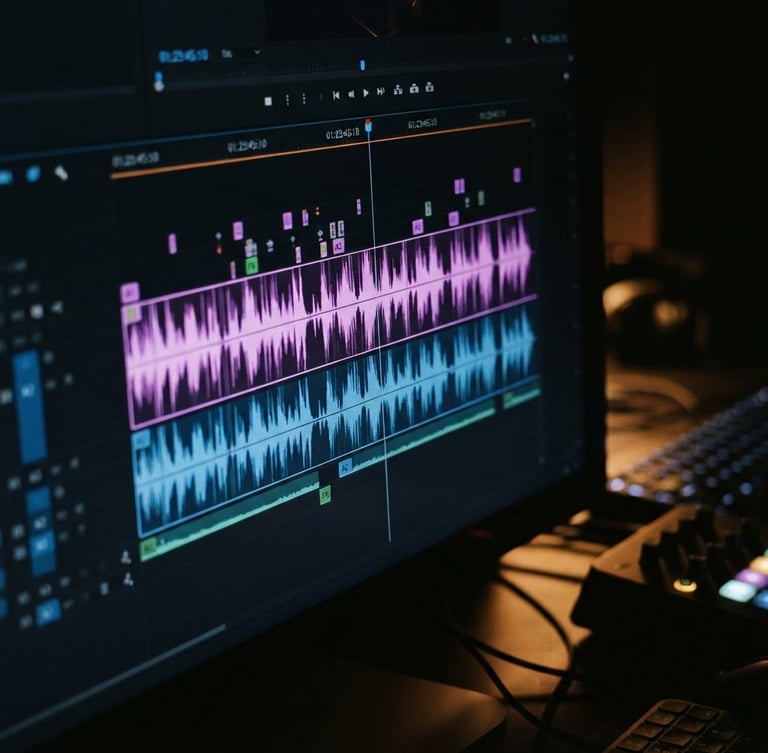 Macro close-up of a video editing timeline on a high-end monitor, glowing purple and blue audio tracks, low-key dark studio workspace, 35mm lens