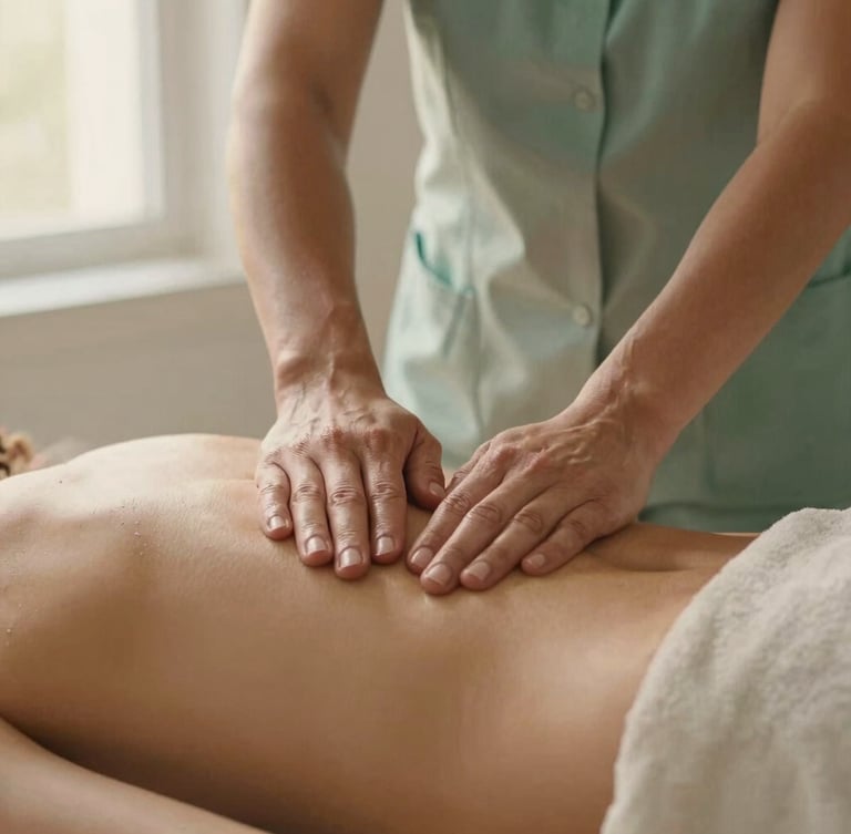 Close-up of therapist Sandra Milena Gómez Bolaños's hands performing a gentle massage on a client's back, soft golden light, natural sage green and cream tones, shallow depth of field, professional and respectful.