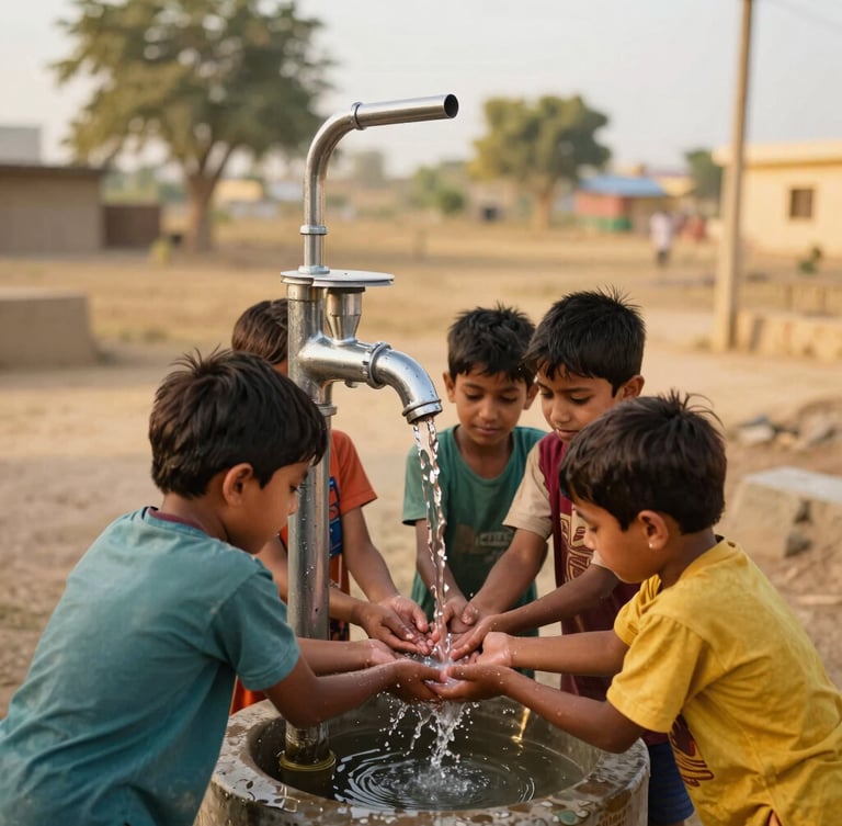 A clean, newly installed water handpump in a rural Sindh village, children washing hands with bright, clean water, natural golden hour sunlight, 35mm
