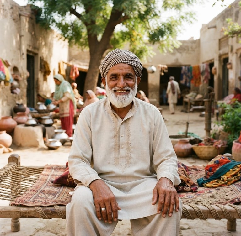A dignified Pakistani elder smiling warmly in a sunlit village courtyard in Punjab, authentic environmental portrait, bright natural sunlight, 35mm