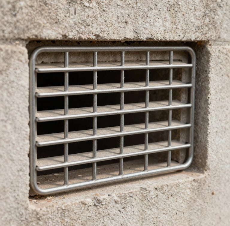 Macro shot of heavy-gauge stainless steel mesh custom-fitted into a historic crawlspace vent, daylight showing clean masonry integration