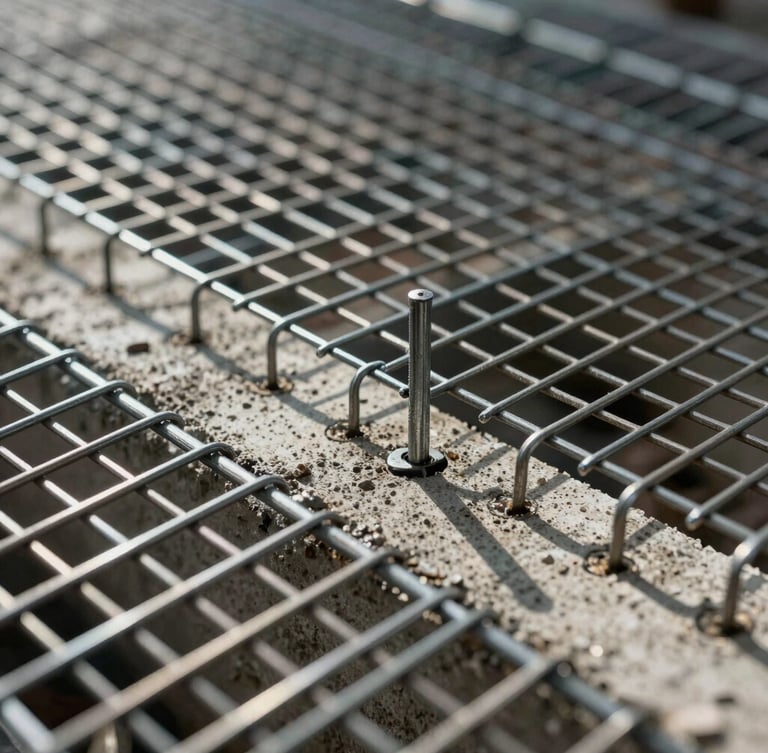 Macro detail of high-grade steel mesh being anchored into concrete foundation, high-contrast dramatic side lighting, sharp focus