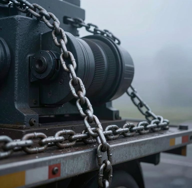 Tight macro shot of steel chains securing heavy machinery on a flatbed trailer, early morning mist, cold industrial tones.