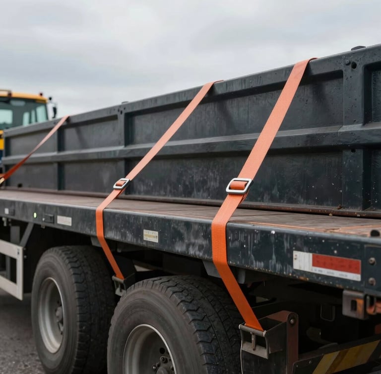 Close-up of industrial shipping yard, heavy flatbed trailer being secured with tensioned orange straps under overcast daylight