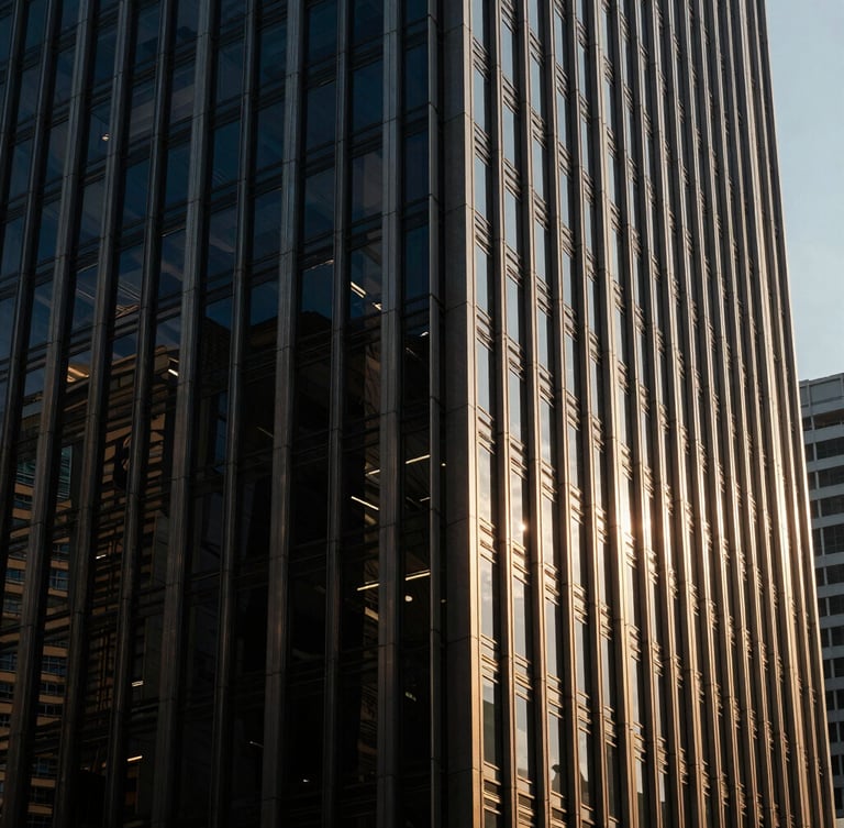 Low-key dramatic side-lighting on the architectural steel and glass facade of a major Singapore financial hub, deep navy shadows, sharp focus, 35mm.