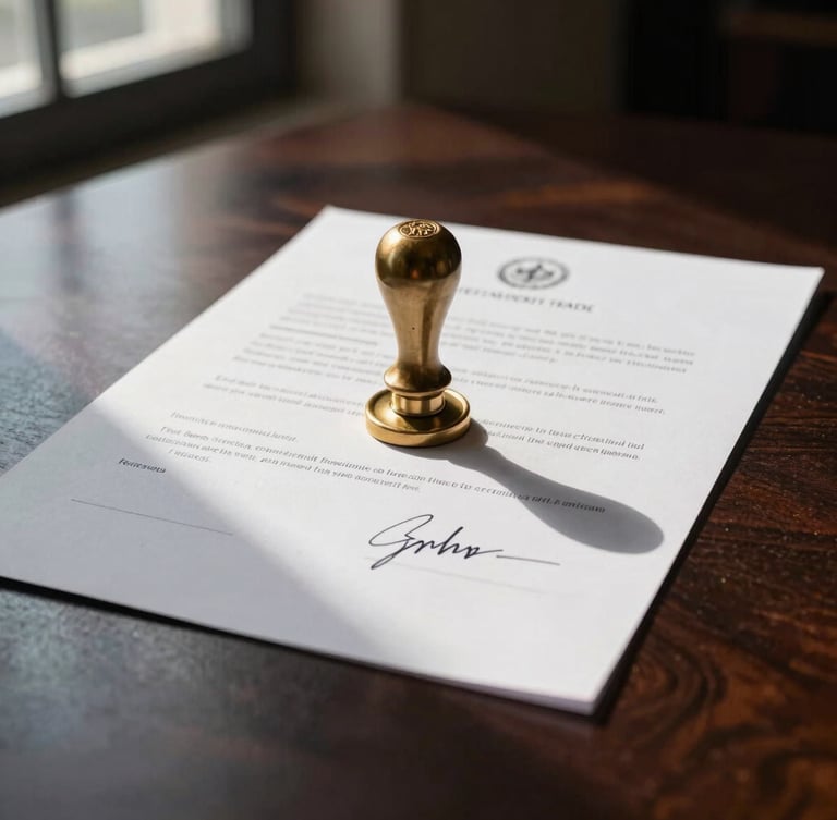 Close-up of a signed international trade document with an official wax seal and elegant signature, resting on a dark mahogany table under dramatic low-key window light, 35mm