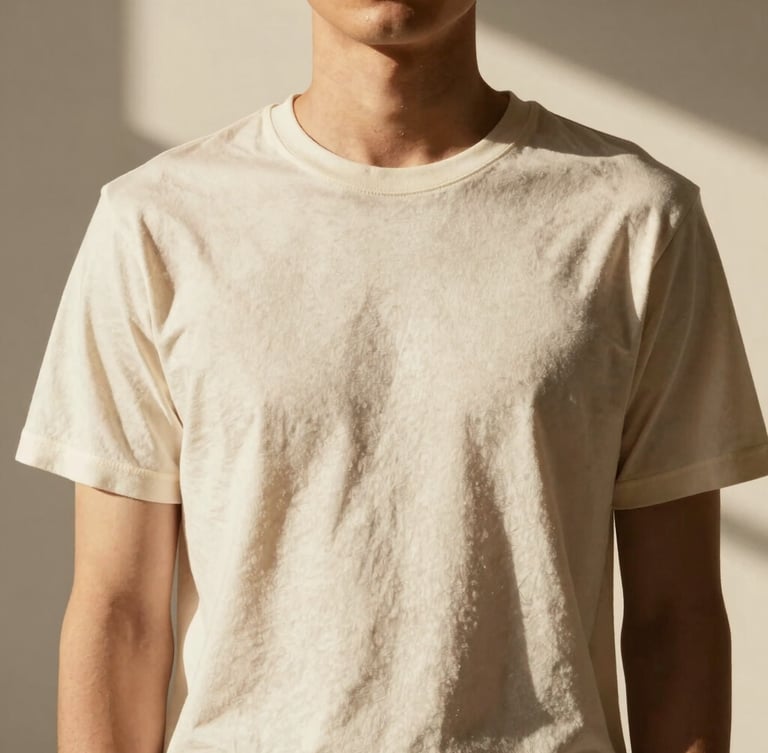 Portrait of a model from the chest down wearing a heavy cream T-shirt, showing the structured shoulder seam and rigid, weighted drape. Warm directional studio light, soft shadows.
