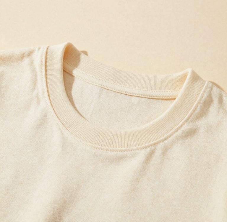 Close-up of a heavyweight cream cotton T-shirt collar, showing clean single-needle stitching, warm directional window light, rich tactile texture