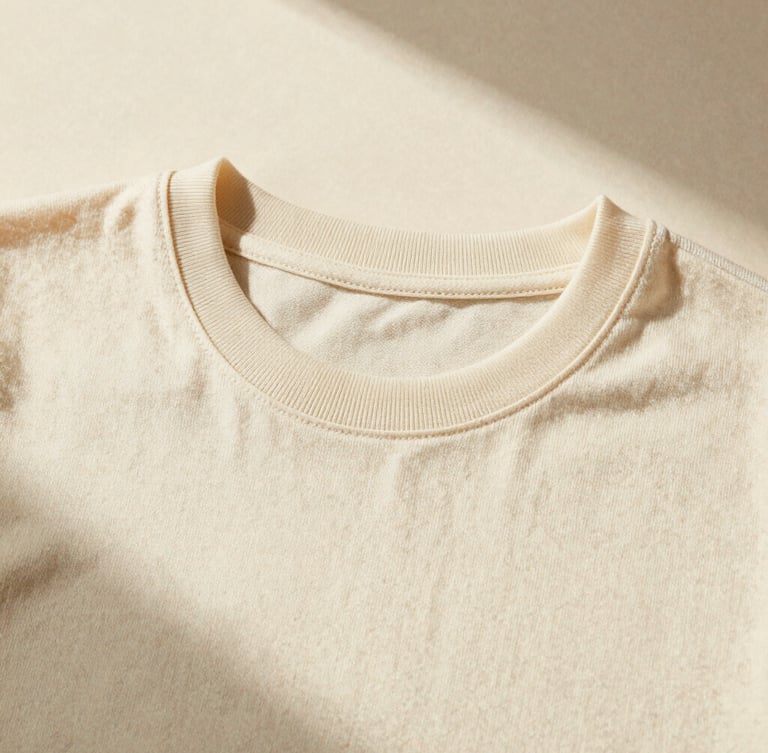 Close-up of a heavyweight cream cotton T-shirt laid flat, showing the thick single-needle stitched collar and clean shoulder seams. Warm directional studio light, soft shadows, neutral cream background.