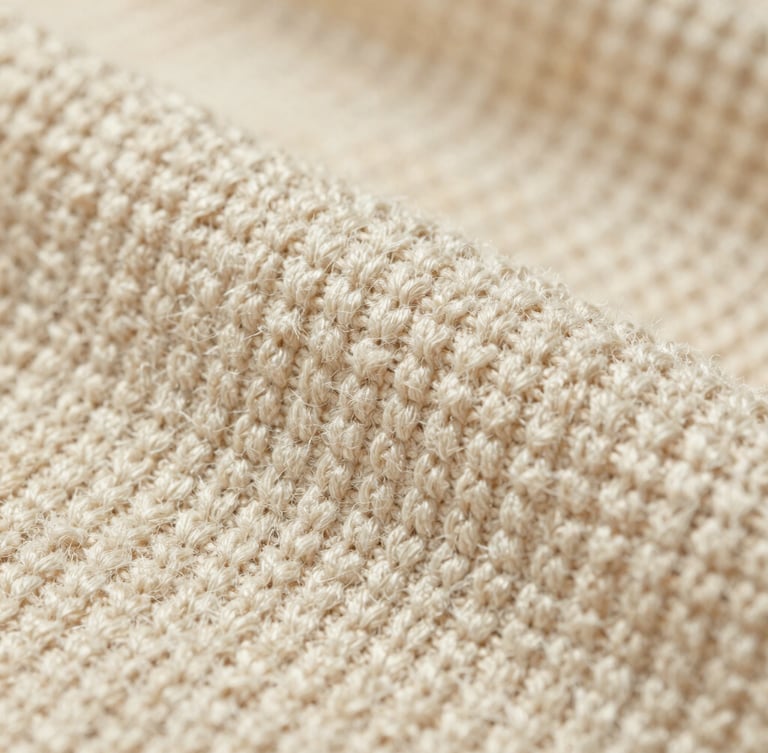 Macro close-up of textured, thick organic cotton knit fabric showing the dense weave structure under soft, warm directional studio light.