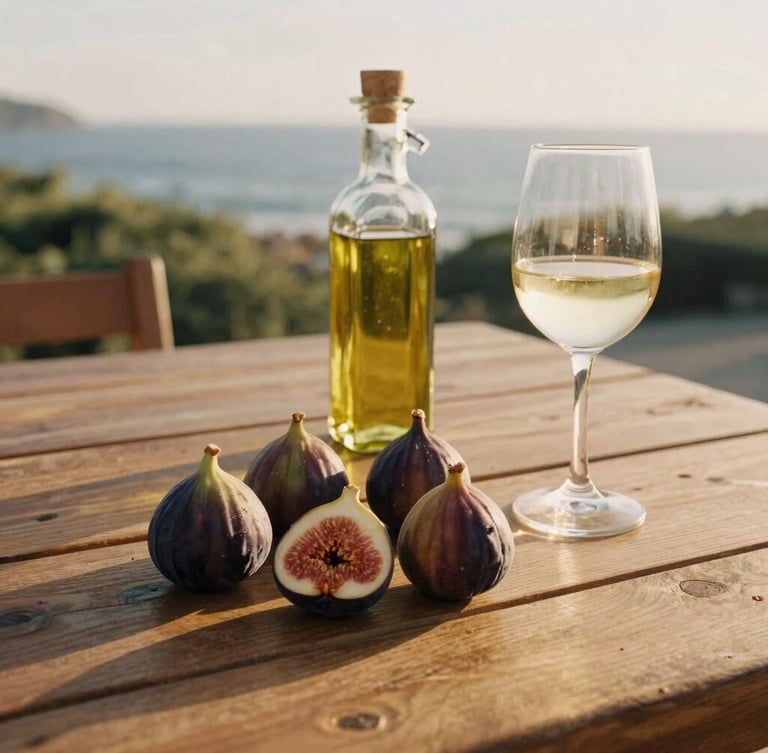 Sun-drenched wooden table with fresh figs, local olive oil in a glass decanter, and a glass of chilled white wine, warm golden-hour coastal light, 35mm film aesthetic