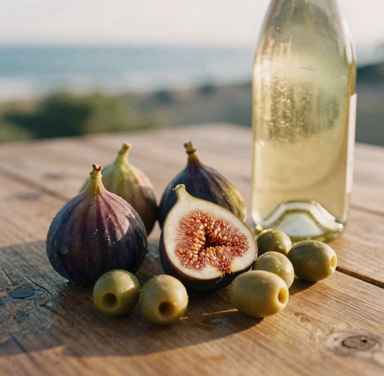 Close-up of fresh figs, green olives, and a bottle of white wine on a rustic wooden table under soft golden-hour light