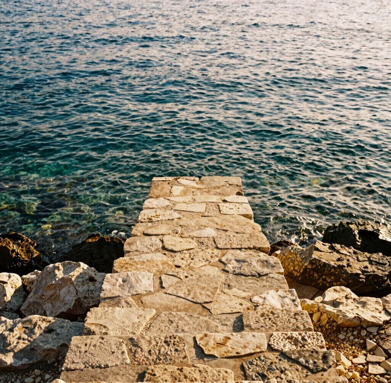A sun-drenched stone path leading to the Adriatic sea in Dubrovnik, warm golden-hour light reflecting on clear turquoise water, 35mm film aesthetic.