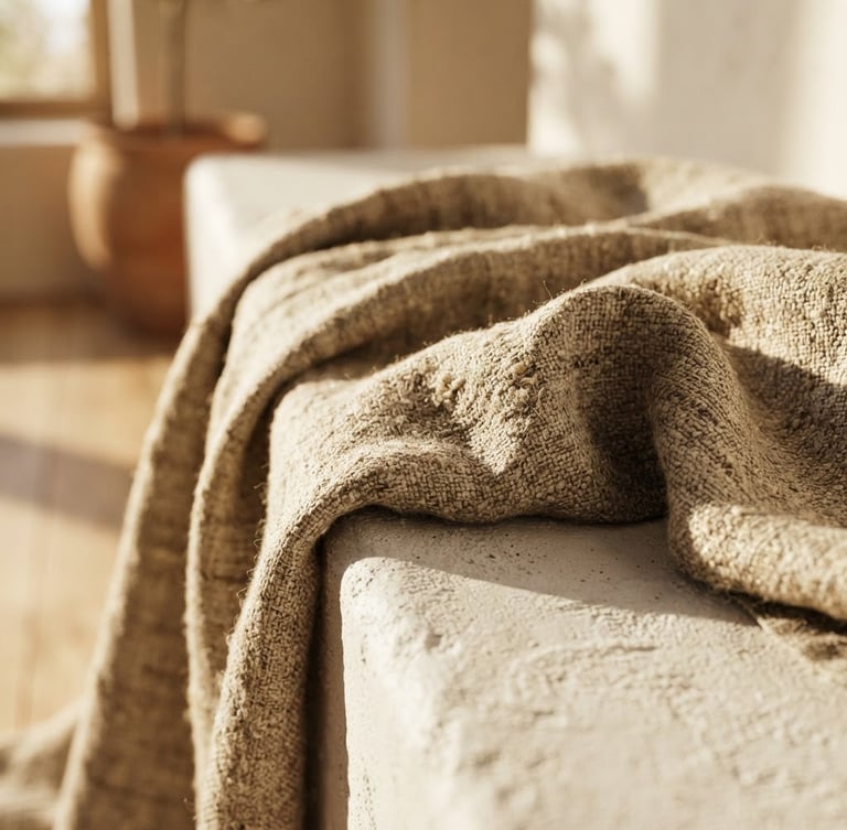 Macro photograph of heavy-weight oatmeal linen fabric draped over a low-profile plaster bench, warm afternoon sunlight casting deep textures and soft shadows