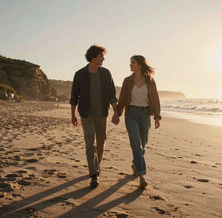 Cinematic medium-wide shot of a couple walking hand-in-hand along a rugged sandy beach at golden hour, warm backlighting spilling through their hair, 35mm film style.