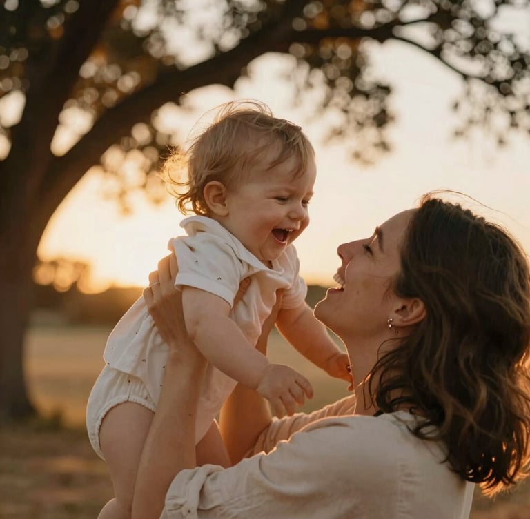 Intimate close-up of a mother laughing as she lifts her toddler, backlit by warm golden sunset light filtering through oak trees, soft focus.