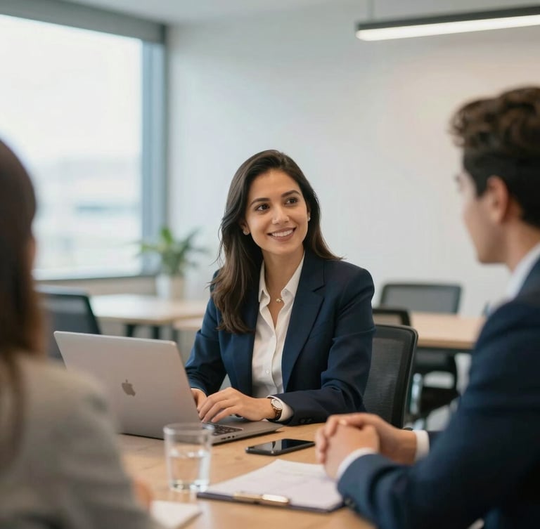 Professional corporate meeting in Guatemala City, warm natural office lighting, cool blue tones with soft gold highlights, shallow depth of field, 35mm photography