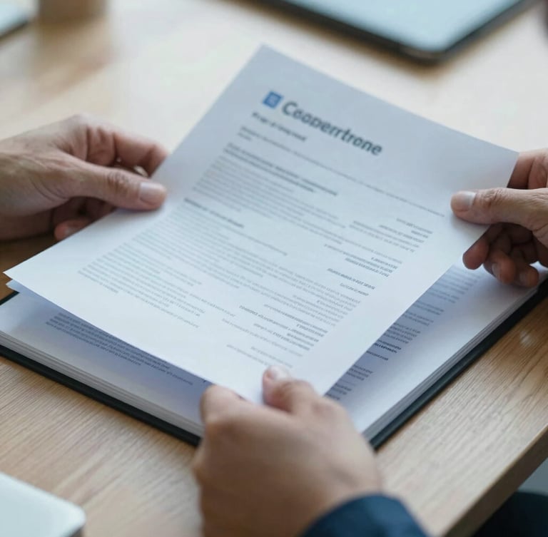 Close-up of hands reviewing corporate evaluation documents on a wooden desk, soft natural office lighting, cool blue tones, shallow depth of field, 35mm