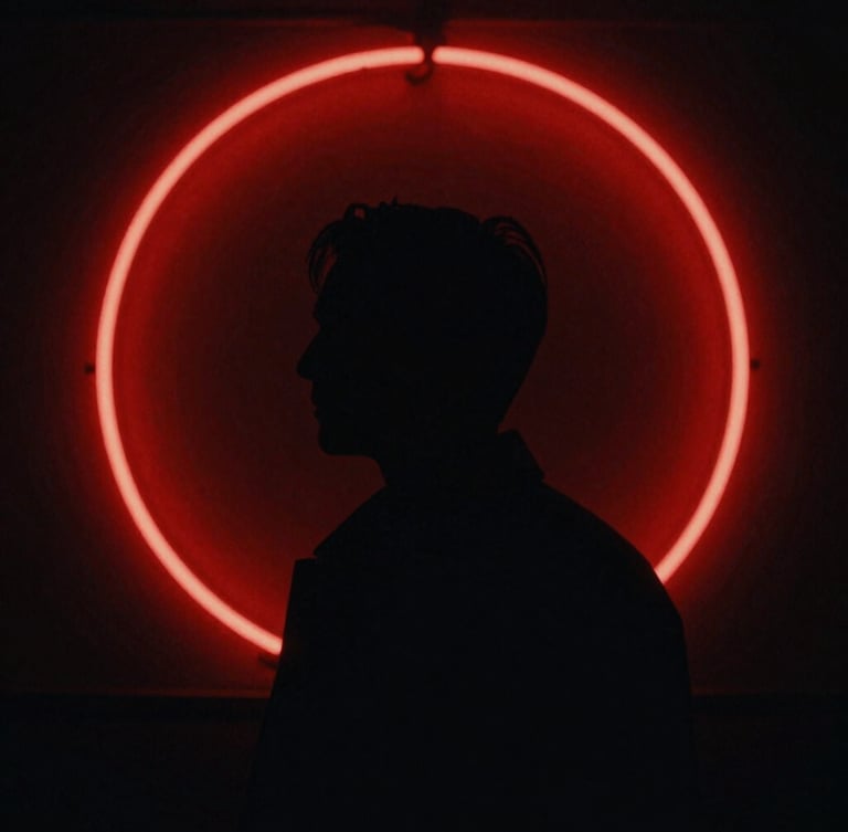 Cinematic film poster style, a dark silhouette against a vivid red neon circle, high contrast chiaroscuro, anamorphic frame, 35mm grain.