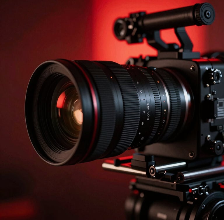 Extreme close-up of a high-end anamorphic lens on a heavy camera rig in low light, dramatic red neon backlight, 35mm grain, cinematic depth of field.