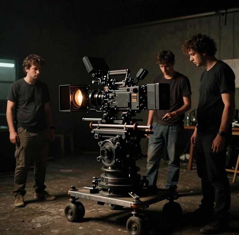 Cinematic film photography, behind-the-scenes crew operating a heavy anamorphic camera rig on a dolly, low-key dramatic chiaroscuro lighting with practical warm tungsten glow, 35mm grain