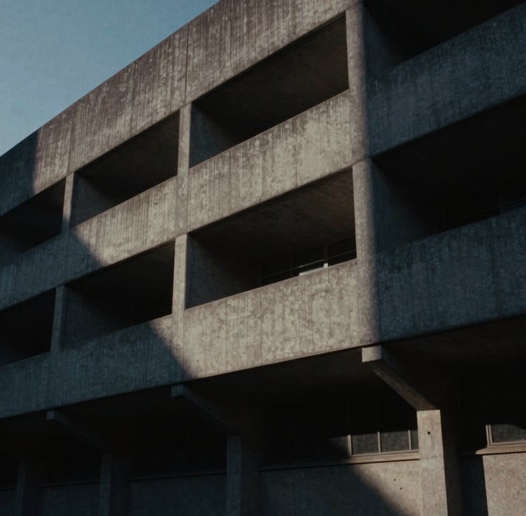 Cinematic documentary still, a concrete brutalist building facade at dusk, harsh shadows, sharp technical composition, anamorphic lens, 35mm film grain.