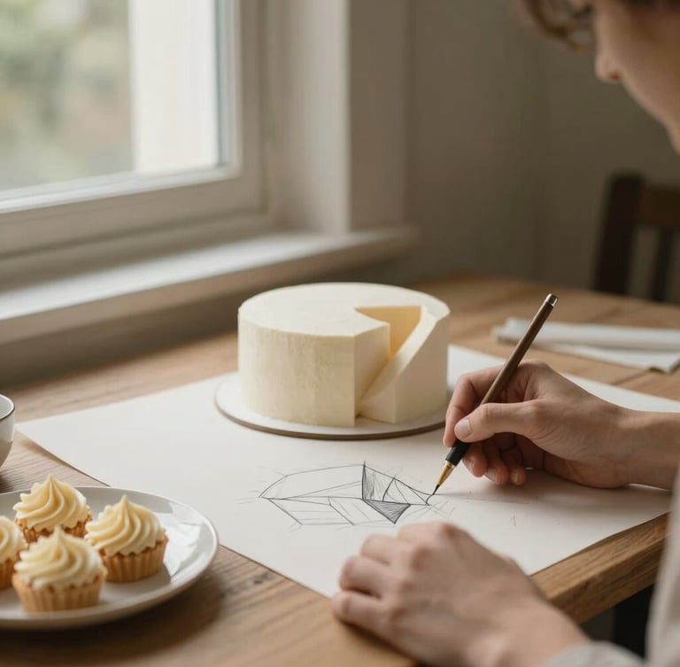 Elegant editorial close-up of a designer's hands sketching a modern geometric cake on textured paper next to a small plate of buttercream samples, soft window light, warm organic tones.