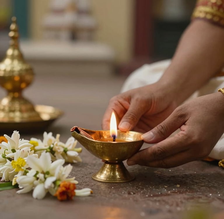 Respectful close-up of a traditional South Indian brass lamp glowing with warm natural light, elegant hands in traditional attire placing jasmine flowers nearby, soft temple background, golden hour lighting.