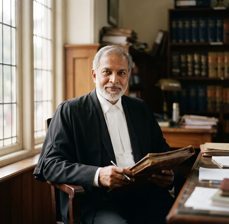 A professional medium-close portrait of a senior advocate in formal court attire, sitting in a quiet Chennai chambers with soft window light, shallow depth of field, 35mm.