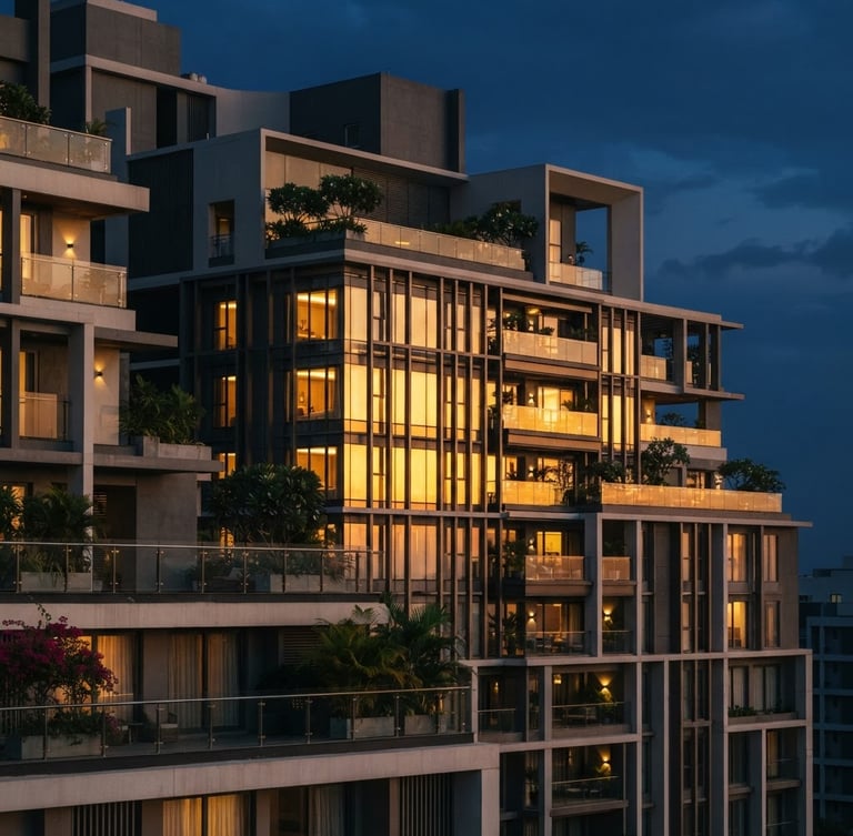 Architectural detail of a modern Chennai residential tower reflecting warm golden sunset light, clean geometric lines, professional editorial corporate photography, 35mm