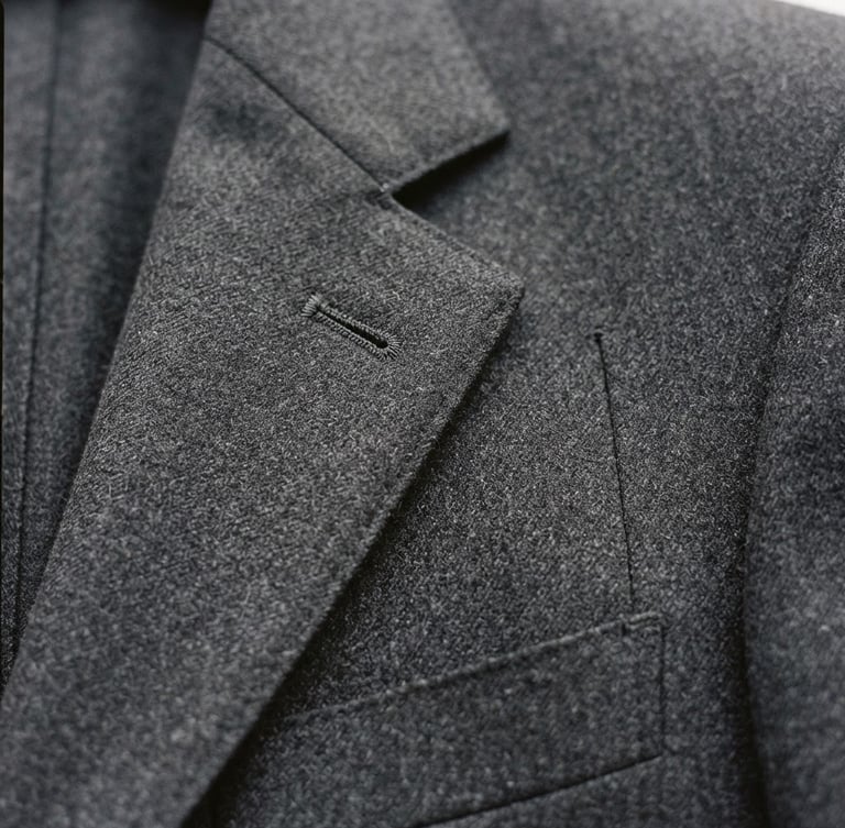 Close-up macro of architectural wool tailoring, soft diffused overcast daylight, muted neutral tones, elegant minimalist composition, 35mm film grain