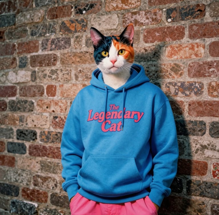 Porträt von 'The Legendary Cat', einem Cartoon-Kater, der lässig an einer urbanen Backsteinwand lehnt, hochkontrastreiche Studiobeleuchtung, lebendige Farben, dynamische Komposition.