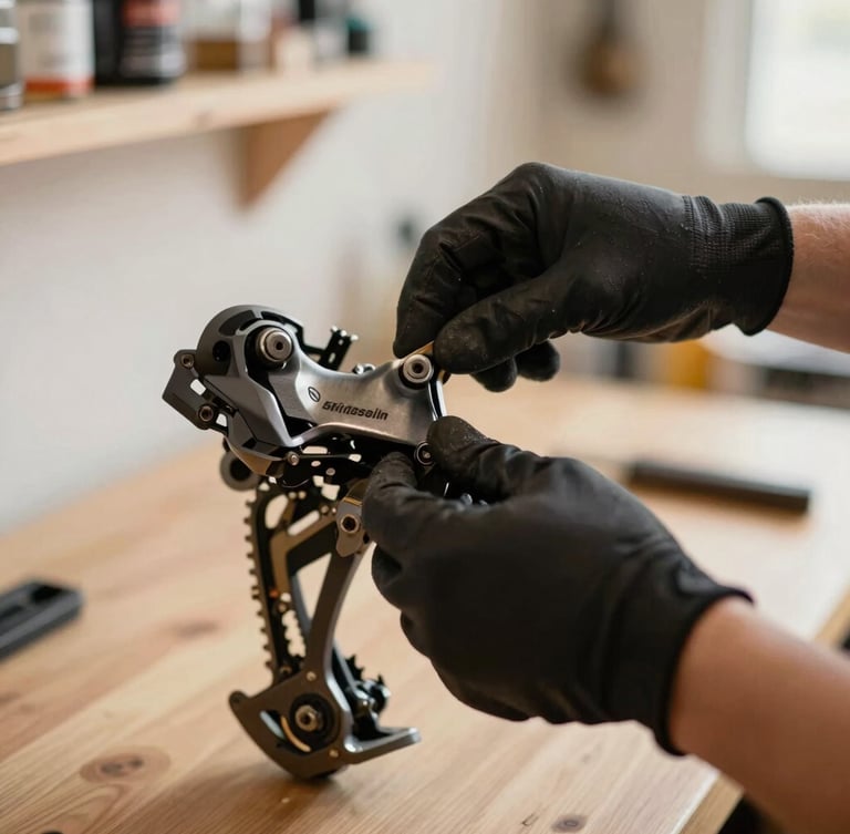 Close-up of hands wearing black mechanics gloves precisely adjusting a vintage rear derailleur in a clean, organized bicycle workshop, soft warm lighting, shallow depth of field