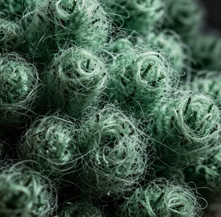 Extreme close-up macro shot of dense needle-punched nonwoven fibers, dramatic side-lighting highlighting the intricate web structure and loft, industrial green tones.