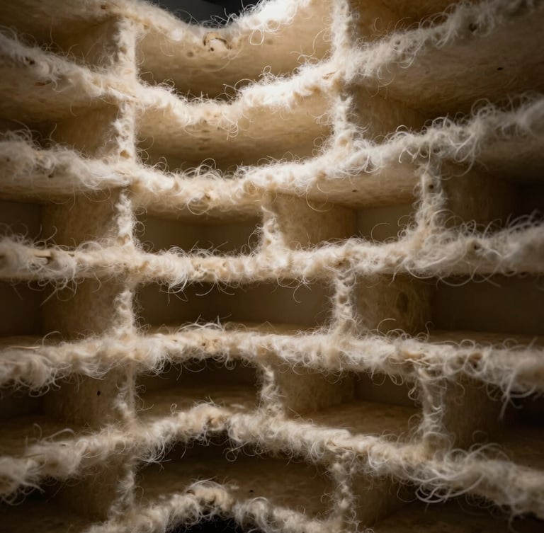Macro photography of dense nonwoven fiber loft, dramatic side-lighting emphasizing the layered structural density and acoustic chambers, architectural framing.