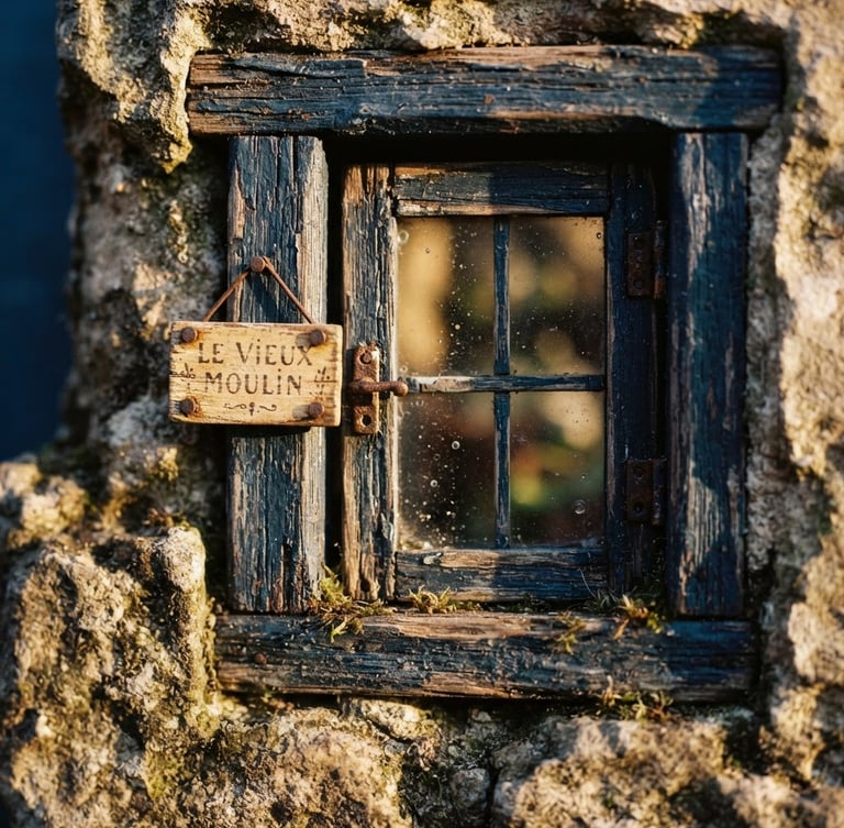 Extreme macro close-up of a miniature weathered wooden window with tiny hand-painted vintage sign, warm golden sunlight casting soft shadows, 35mm photography