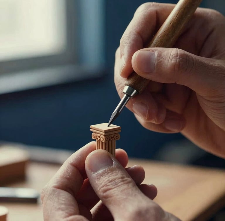 Hands of an artisan using a micro chisel to carve intricate details on a miniature wooden column, warm studio lighting, shallow depth of field, macro photography