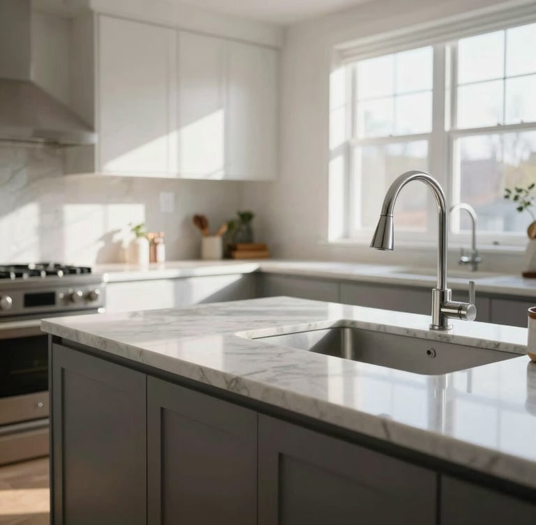 Bright environmental shot of a sun-drenched modern New Jersey kitchen with spotless marble countertops and polished chrome fixtures, high key morning light.