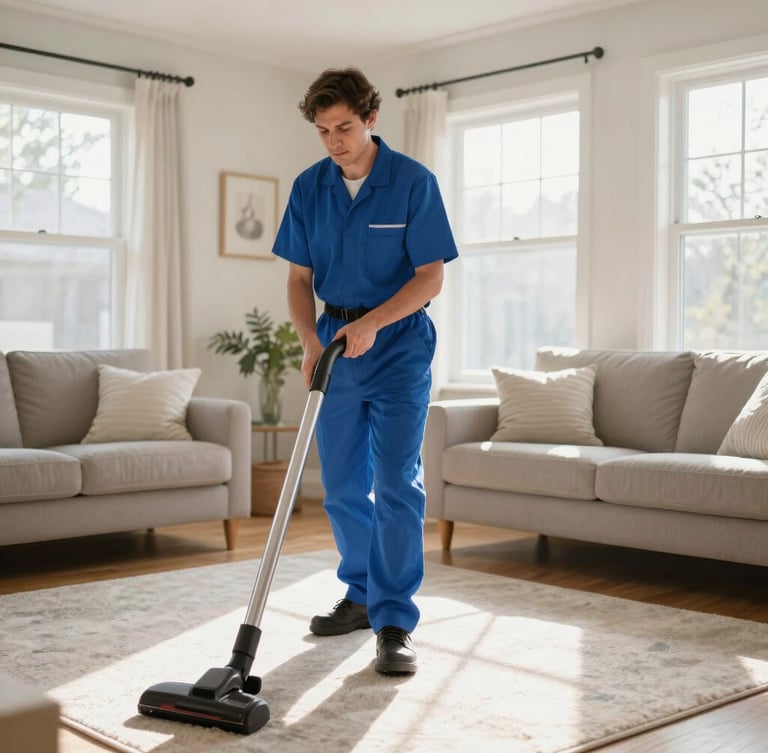 Bright, sunlit New Jersey living room, a professional cleaner in a neat blue uniform using a HEPA vacuum on a light rug, morning light streaming in.