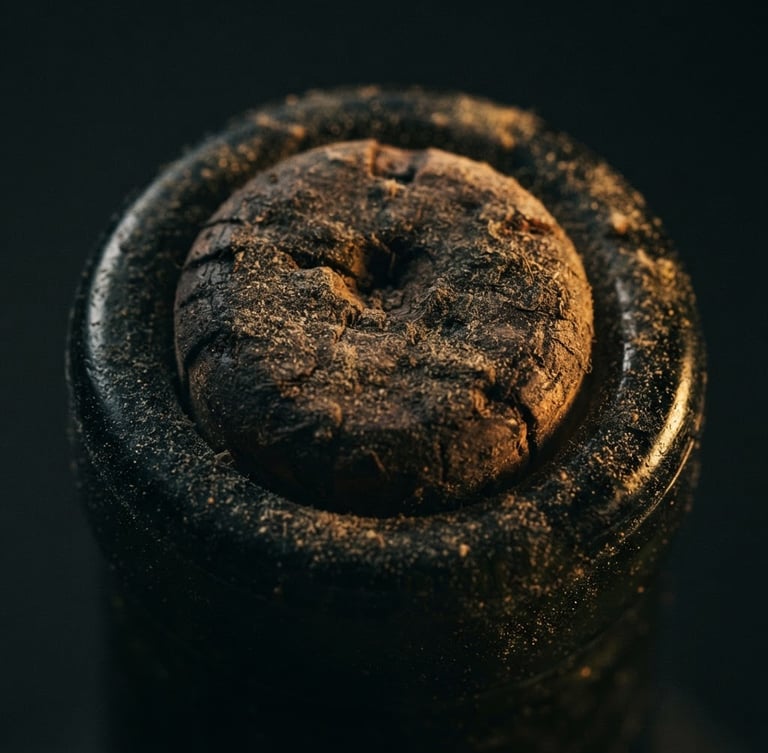 Macro photograph of a dusty, vintage wine bottle cork, low-key chiaroscuro lighting, soft golden-hour reflections, deep graphite and matte gold tones, cinematic atmosphere
